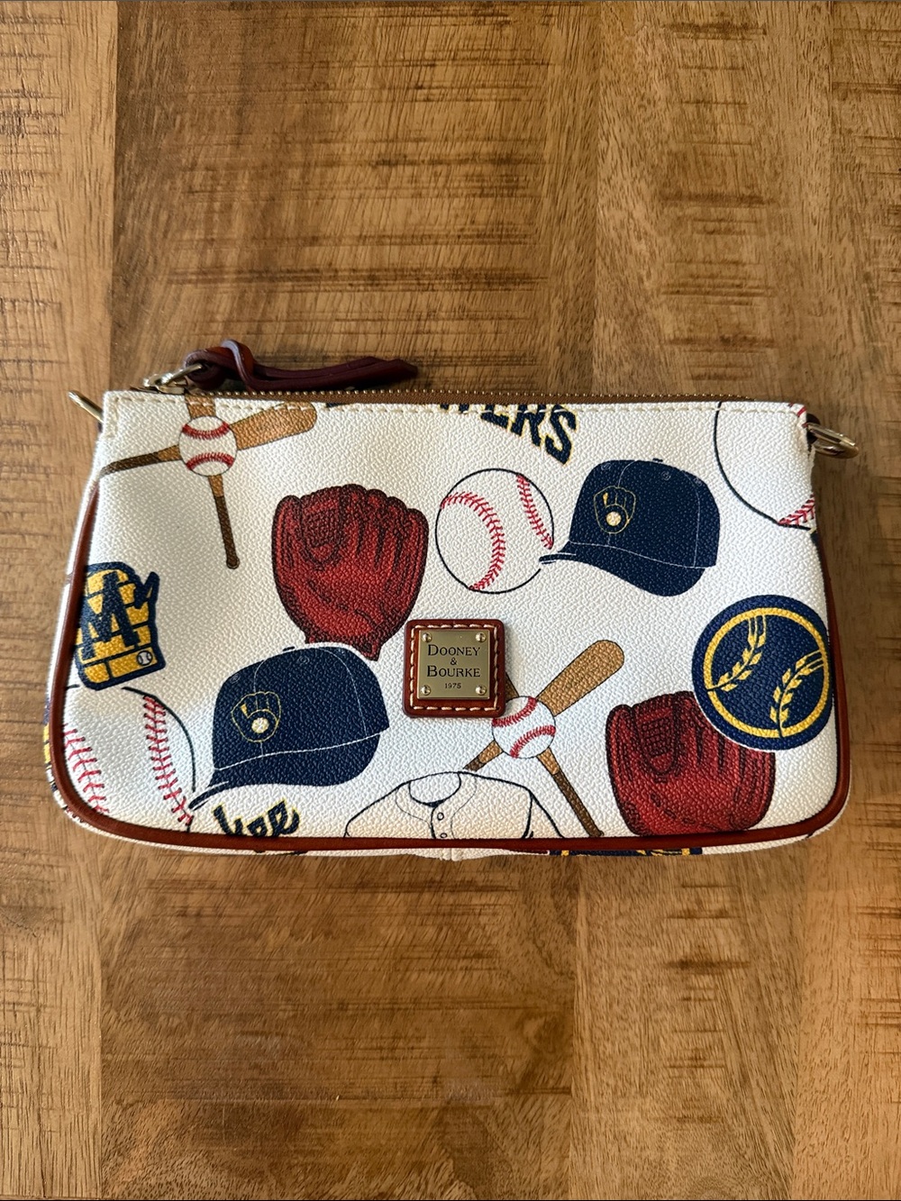 Dooney & Bourke White Baseball Print Wristlet with Red & Navy Accents